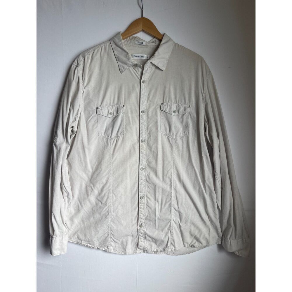 Calvin Klein Men’s XL Cream White Check Button Down Shirt Long Sleeve 100%Cotton